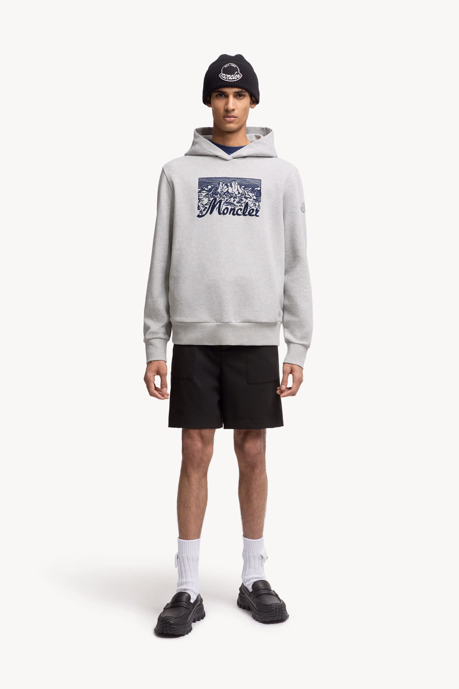 Embroidered Mountain Logo Cotton Hoodie Men Grey Moncler 0
